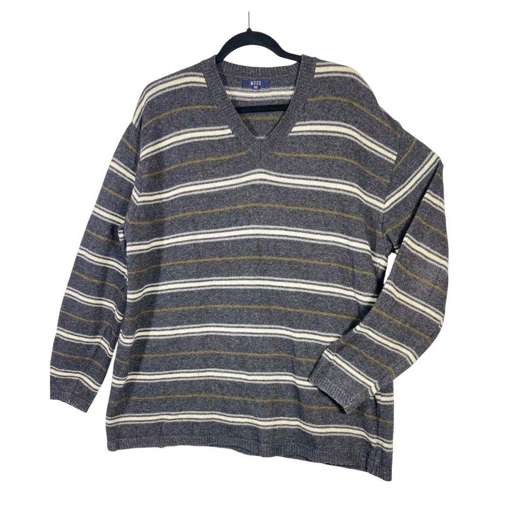 Mudo V-Neck Sweater Men XL Gray Striped Lambswool Blend Long Sleeve Pullover